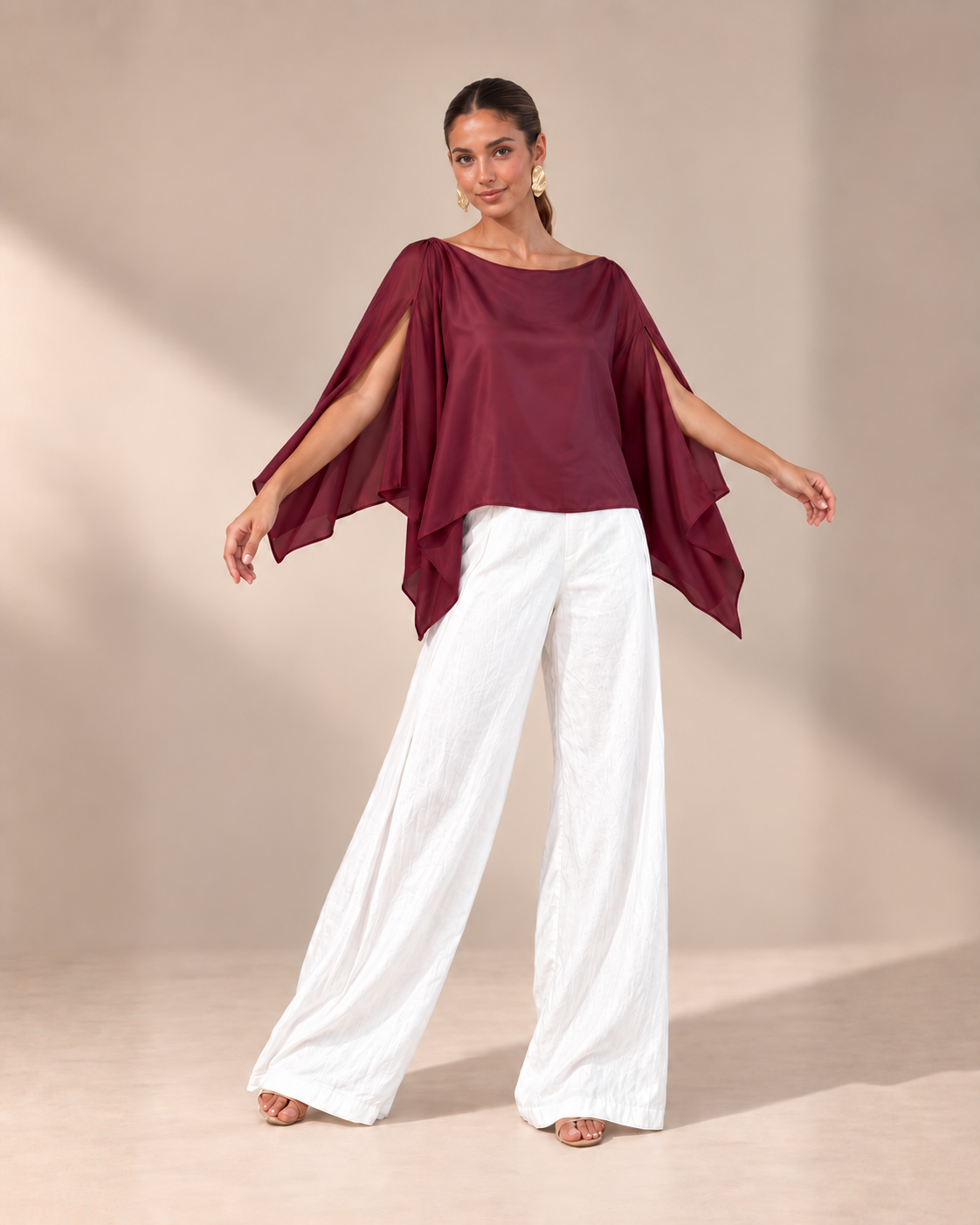 Wine_model1 Des:Model is 5’7” C cup and wears size S and US 4